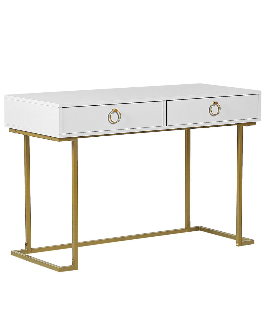 Table Console Blanche et Dorée avec 2 Tiroirs Poignées Design Idéale comme Coiffeuse ou Bureau pour Chambre ou Salon Glamour Beliani Table Console Blanche et Dorée avec 2 Tiroirs Poignées Design Idéale comme Coiffeuse ou Bureau pour Chambre ou Salon Glamour Beliani