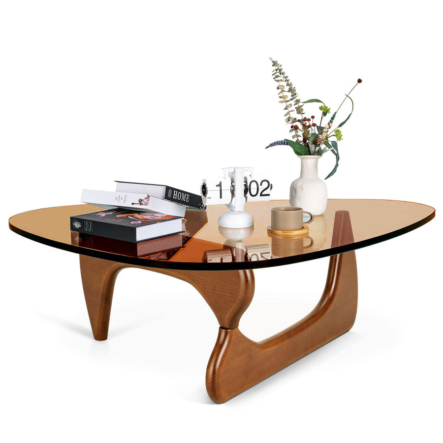 PRITIY Table basse d'appoint en verre - Table basse moderne - Table basse triangulaire (noyer + marron, 91 x 65 x 40 cm), LK155