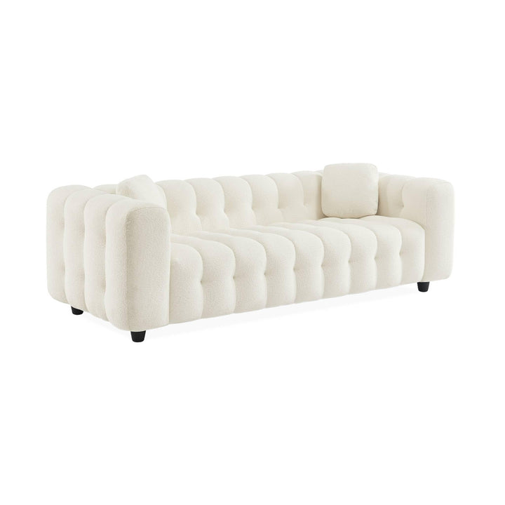 sweeek - Canapé 3 Places en Bouclette texturée capitonné Blanc crème - Structure Bois d sweeek - Canapé 3 Places en Bouclette texturée capitonné Blanc crème - Structure Bois d'eucalyptus et contreplaqué