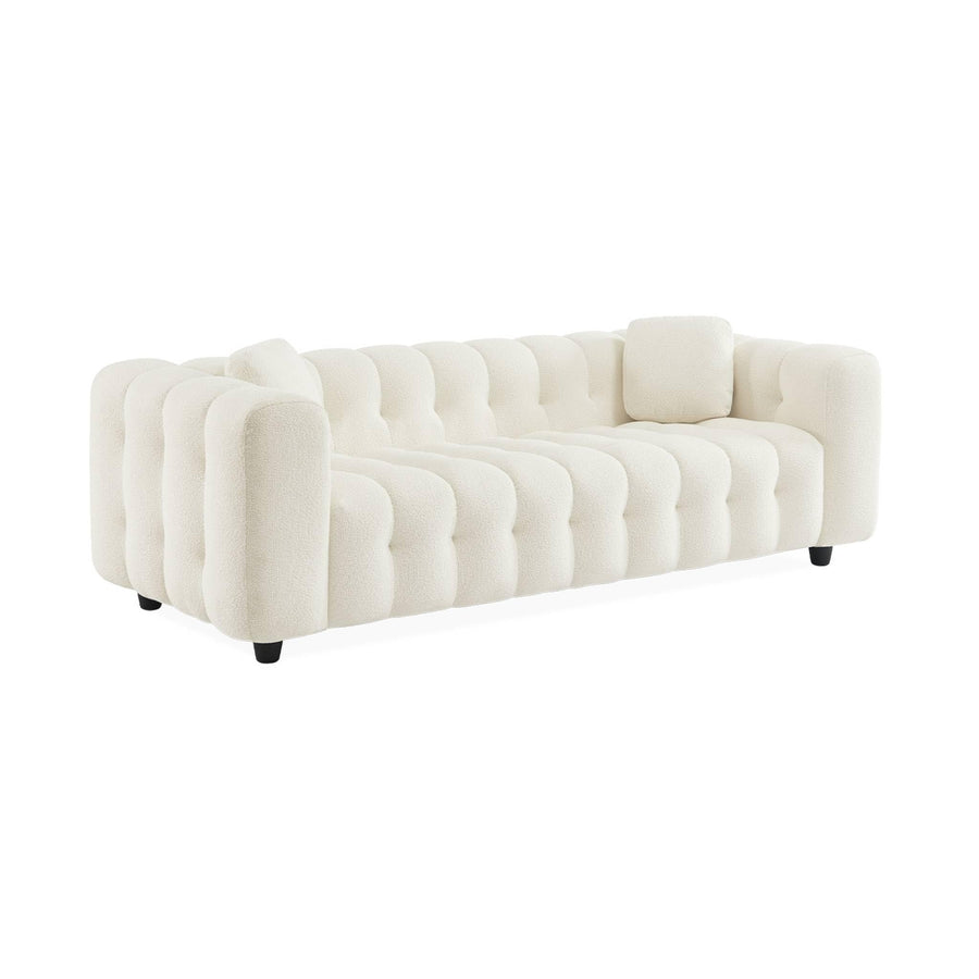 sweeek - Canapé 3 Places en Bouclette texturée capitonné Blanc crème - Structure Bois d sweeek - Canapé 3 Places en Bouclette texturée capitonné Blanc crème - Structure Bois d'eucalyptus et contreplaqué