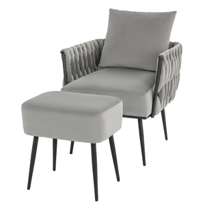 HOMASIS Fauteuil avec ottoman et coussin moelleux, fauteuil de salon avec dossier tissu, accoudoirs et pieds en métal, fauteuil de lecture inclinable charge 150 kg, pour salon, chambre, 66 x 65 x 80