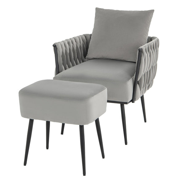 HOMASIS Fauteuil avec ottoman et coussin moelleux, fauteuil de salon avec dossier tissu, accoudoirs et pieds en métal, fauteuil de lecture inclinable charge 150 kg, pour salon, chambre, 66 x 65 x 80