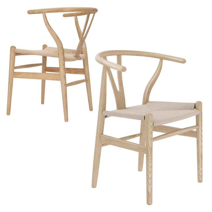 VODUR Wishbone Chaise de salle à manger en bois massif naturel Hans Wegner Y Chaise en rotin et en bois d'accoudoirs - Lot de 2 chaises en bois de hêtre (bois de hêtre + couleur bois naturel)