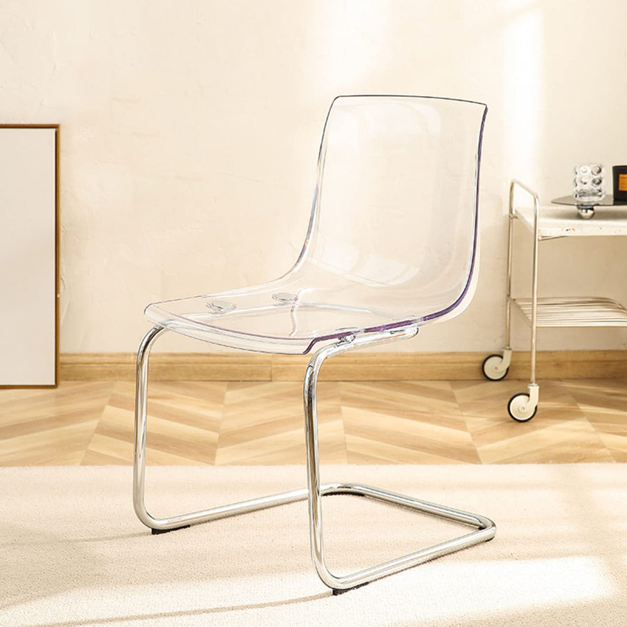 Chaise de salle à manger transparente avec dossier transparent – Design minimaliste en acrylique pour salle à manger, salon, bureau – Pieds galvanisés – Meuble élégant et moderne