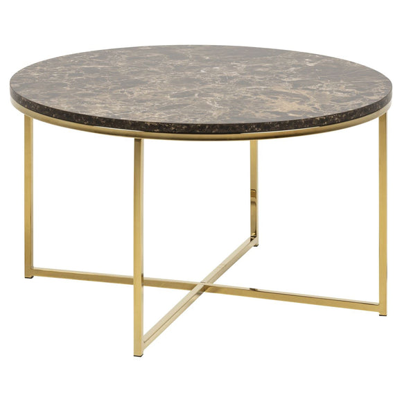 Toilinux.com Table Basse Ronde Effet marbre en Bois et métal - L.80 cm x H. 45 cm - Marron et Doré