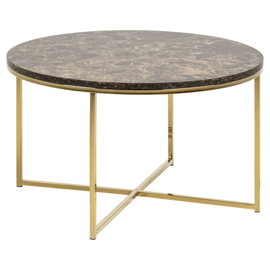 Toilinux.com Table Basse Ronde Effet marbre en Bois et métal - L.80 cm x H. 45 cm - Marron et Doré