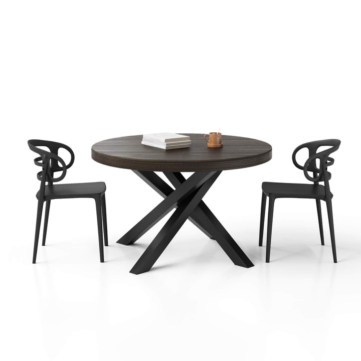 MOBILI FIVER, Table Ronde Extensible Emma, 120-160 cm, Noyer américain, avec Pieds Noirs croisés, pour 4-6 Personnes, Table Extensible pour Cuisine, Salon, Made in Italy MOBILI FIVER, Table Ronde Extensible Emma, 120-160 cm, Noyer américain, avec Pieds Noirs croisés, pour 4-6 Personnes, Table Extensible pour Cuisine, Salon, Made in Italy