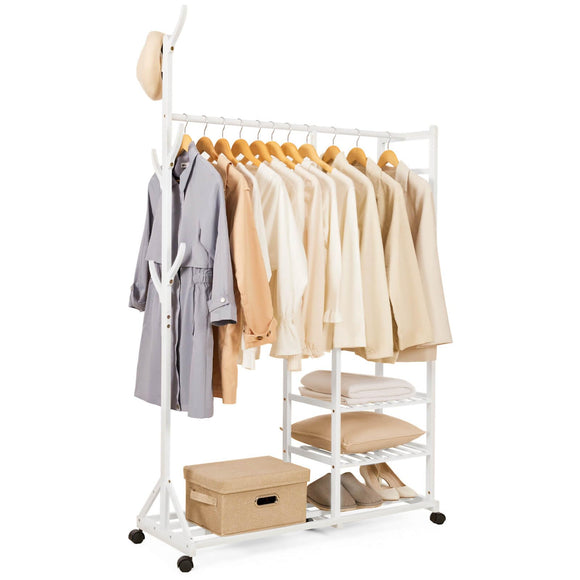 Yorbay 4 en 1 Portant Penderie à Vêtements en Bambou, avec Porte-Manteau sur Le Côté Design Arbre avec des Crochets, 3 Etagères de Rangement, avec Roues Universels (Bianco)