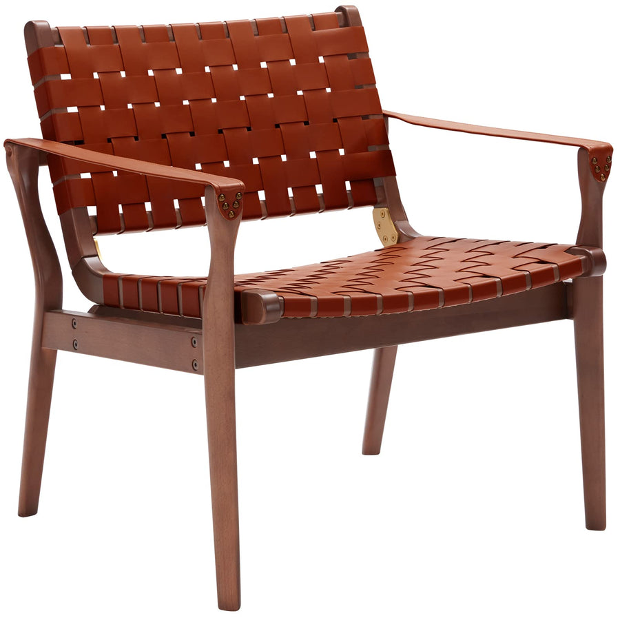 Chaise longue scandinave en cuir tissé cognac - Style bohème - Pour salon, chambre à coucher, balcon, véranda - En cuir synthétique marron