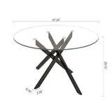 Binrrio Table de salle à manger ronde en verre de 120 cm, table de cuisine moderne pour 6 personnes avec pieds en métal noir, table de salle à manger transparente pour la maison, le bureau, la salle à