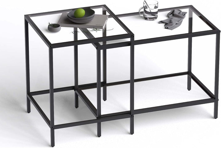 Lot de 2 tables basses carrées modernes en verre - Petite table d'appoint - Table basse pour salon, chambre à coucher, bureau - 60/40 cm - Noir