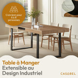 CASABEL - Table à Manger Extensible avec Rallonge - Grande Capacité - Style Industriel - Plateau de 160 à 200 cm - 6 à 8 Personnes - Pieds en métal - Salle à Manger, Cuisine - Bois Clair et Noir