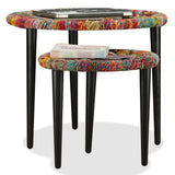 Teenpull Lot de 2 tables basses faites à la main avec des détails chindi colorés - Tables gigognes rondes en acier pour salon - Tables de rangement uniques - Multicolore
