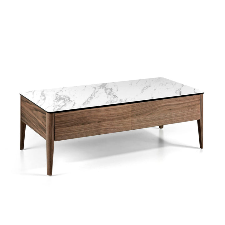 Angel Cerdá - Table Basse Rectangulaire avec Plateau en Porcelaine Calacatta et Base en Noyer - Table Basse Moderne avec Tiroirs - Originale et Versatile - Matériaux Résistants - 120 x 60 x 40 cm Angel Cerdá - Table Basse Rectangulaire avec Plateau en Porcelaine Calacatta et Base en Noyer - Table Basse Moderne avec Tiroirs - Originale et Versatile - Matériaux Résistants - 120 x 60 x 40 cm