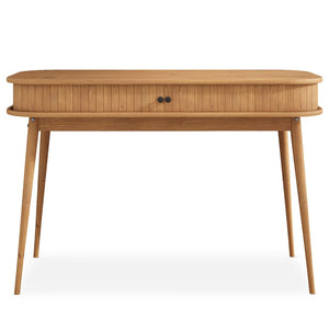IDIMEX Bureau JARI en Bois Massif, 113 x 75 x 50 cm, Pieds Coniques, façade cannelée, Rangement Pratique avec Porte coullisante, Coloris chêne