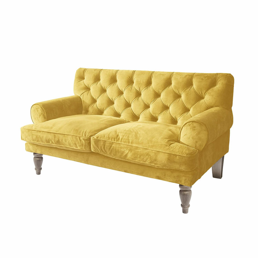 Loberon Canapé Carme, Chesterfield, surpiqué, toucher doux, aspect élégant, housses de coussin amovibles, meubles de siège, bois de manguier, velours de polyester, polyester, jaune