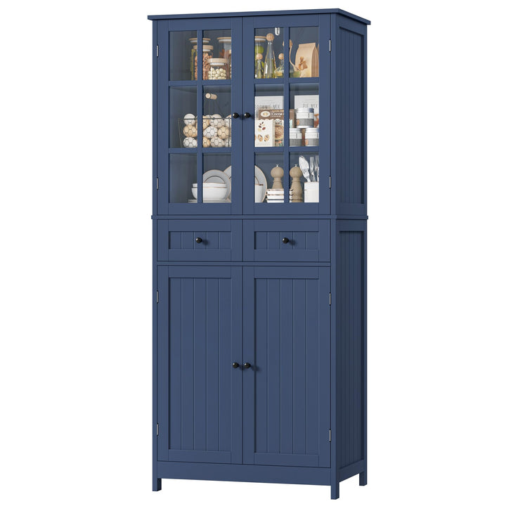 HOCSOK Buffet Cuisine, 180 cm Haut Vaisselier avec 2 Portes Vitrées, Armoire de Cuisine avec 4 Portes et 2 Tiroirs, Vitrine pour Salle à Manger, Bureau, Salon, Moderne, Bleu