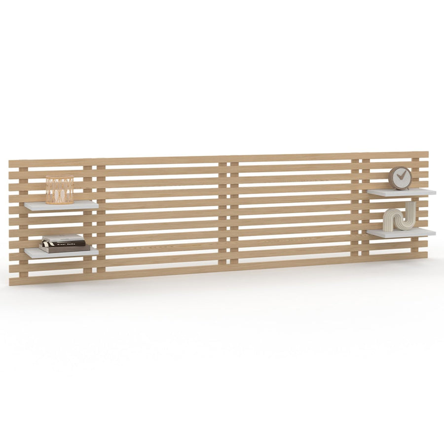 IDMarket - Tête de lit Suspendue en Lattes AVA 240 cm Bois Clair et étagères Blanches IDMarket - Tête de lit Suspendue en Lattes AVA 240 cm Bois Clair et étagères Blanches