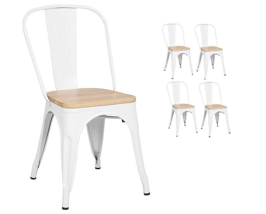 Kosmi - Lot de 4 chaises en métal Blanc Mat et Assise en Bois Clair - Style Industriel