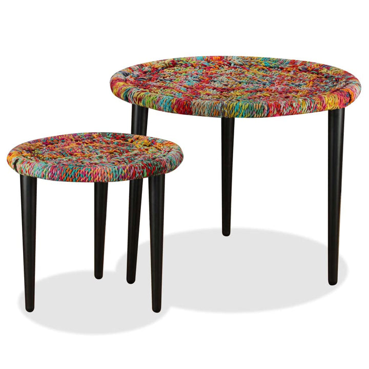 Teenpull Lot de 2 tables basses faites à la main avec des détails chindi colorés - Tables gigognes rondes en acier pour salon - Tables de rangement uniques - Multicolore