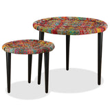 Teenpull Lot de 2 tables basses faites à la main avec des détails chindi colorés - Tables gigognes rondes en acier pour salon - Tables de rangement uniques - Multicolore