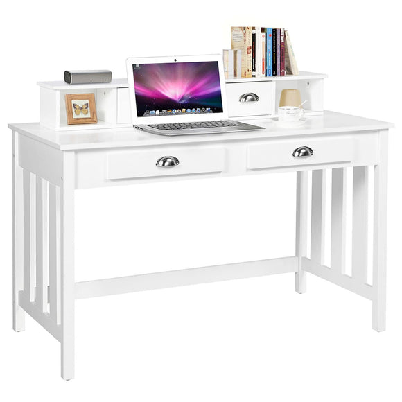 Yaheetech Bureau Informatique en Bois MDF Poste de Travail Table d'Ordinateur avec 4 Tiroirs et Étagère Amovible pour Casiers Coiffeuse Chambre Salon Bibliothèque 106 × 53 × 90 cm Blanc