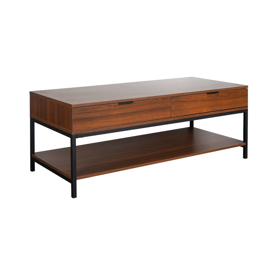 sweeek - Table Basse Coloris Noyer avec Pieds et poignée en métal Noir - 2 tiroirs et 1 étagère