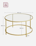 VASAGLE Table Basse Salon, Meuble de Salon en Verre, Cadre en AER, Table Basse Ronde, Doré LGT21G