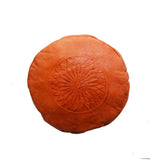Horus Artesanía de Egipto Pouf Fait Main à Fès et à Marrakech. Repose-Pieds en Cuir véritable. Vide et no rempli. 40 cm de diamètre et 35 cm de Hauteur (Orange)