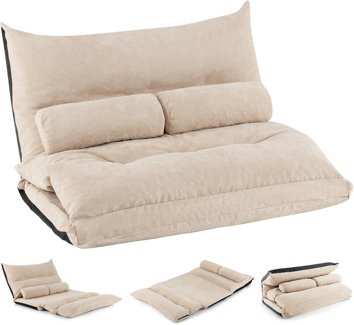 COSTWAY Canapé-lit Paresseux Pliable, Canapé Convertible avec Dossier Réglable à 42 Positions, Chauffeuse avec 2 Oreillers, Sofa pour Salon, Chambre, Balcon, Beige