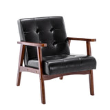 Fauteuil vintage en cuir avec structure en bois et design touffeté rétro pour salon, chambre à coucher et salle de réception Noir