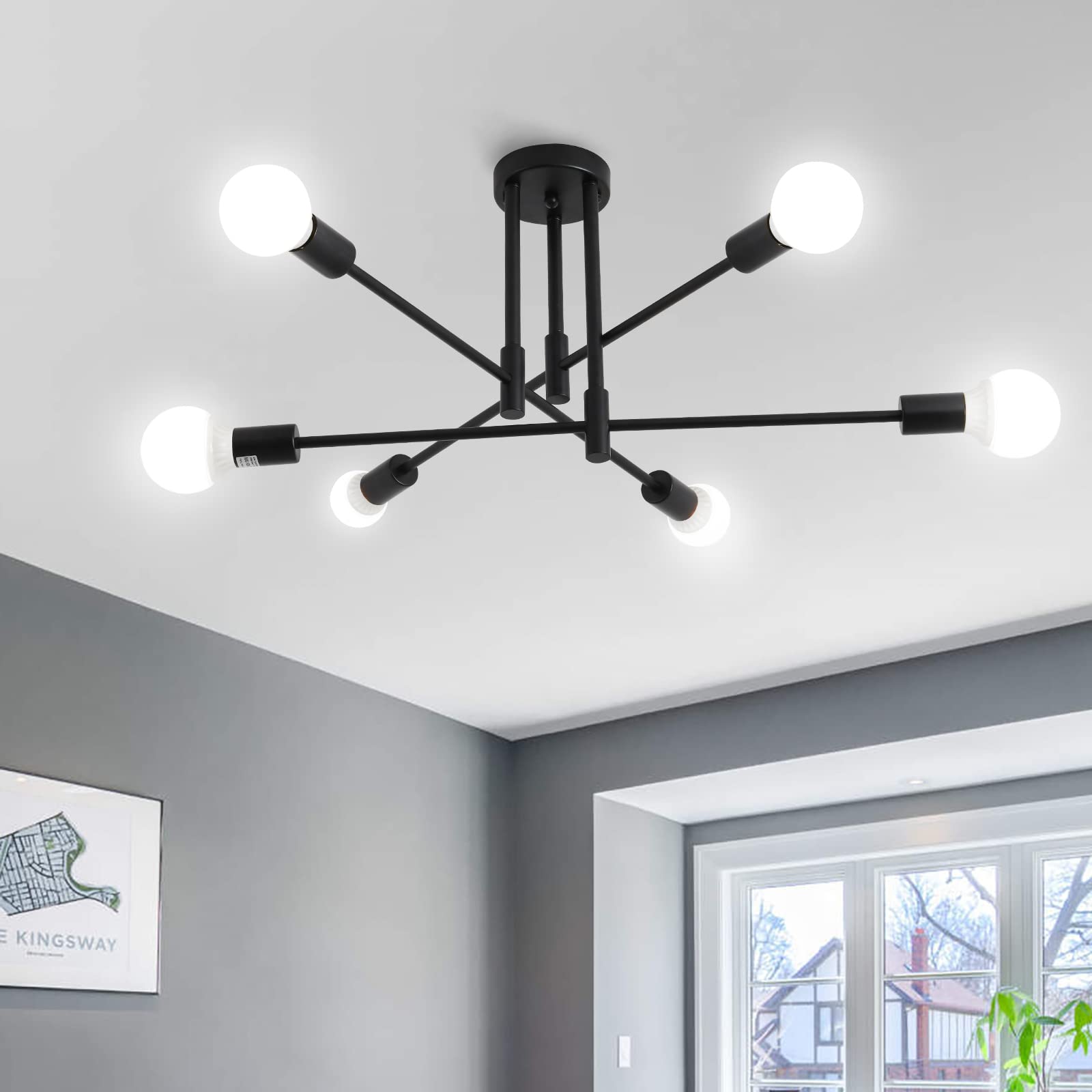 Lustre Noir 6 Lumières Vintage Industriel - Plafonnier Suspendu Réglable - E14 Pour Cuisine, Salon, Chambre