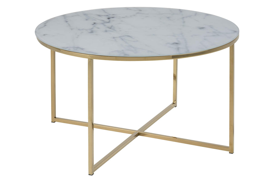 AC Design Furniture Antje Table Basse Ronde, Ø: 80 x 45 cm, Aspect Marbre Blanc /Or, Verre/Metal, 1 pc