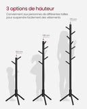 VASAGLE Porte-manteau sur Pieds, en Bois, en Forme d’Arbre, 8 Crochets, 3 Hauteurs Réglables, pour Vêtements, Chapeaux, Sacs, Entrée, Salon, Chambre, Bureau, Noir RCR004B01