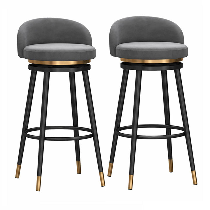 Lot de 2 tabourets de bar pivotants avec dossier rembourré à 360° en velours - Hauteur de comptoir - Tabourets de cuisine et de petit-déjeuner - Pieds en métal doré - Gris - 65 cm