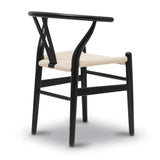 Lot de 2 chaises Y en bois massif du milieu du siècle – Design Wishbone – Chaises de salle à manger avec accoudoirs et assise en chanvre en frêne et finition noyer (noir)