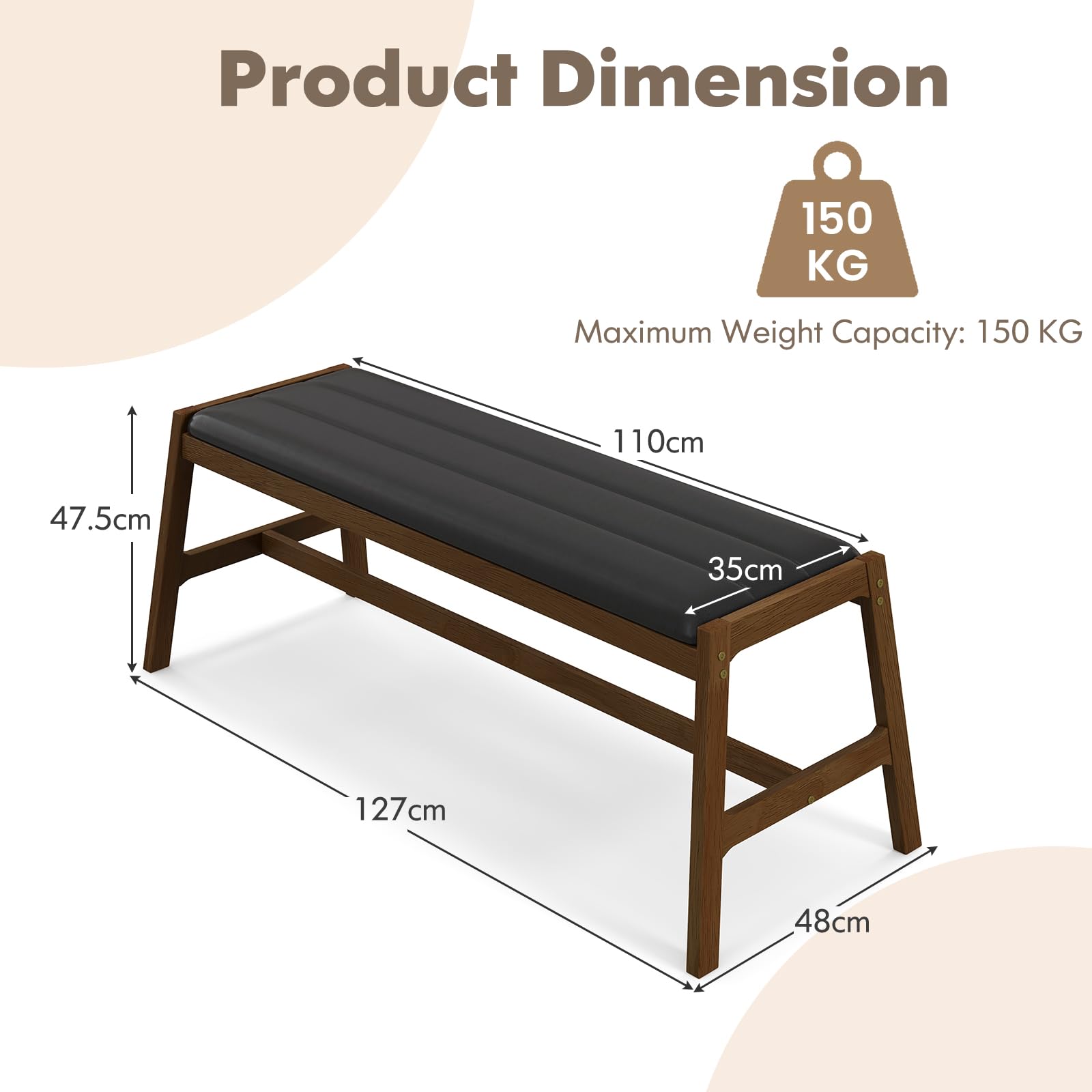 HOMASIS Banc rembourré en bois massif avec siège en PVC et mousse - Charge maximale : 150 kg - Banc de salle à manger pour salle à manger, cuisine, salon, noyer et noir