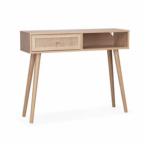 Alice's Home - Console en cannage 100x29x81cm - Bohème - Naturel. 1 tiroir.1 Espace de Rangement. Pieds scandinaves décor Bois. 1 poignée