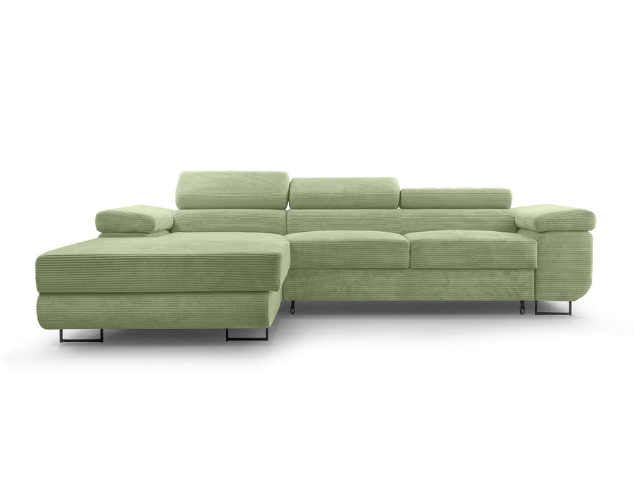 Best Mobilier - Canapé d'angle Convertible avec Coffre - Angle Gauche - Pablo en Velours Côtelé - Canapé Lit - Sofa Vert Sauge 6 Places - Têtières Réglables - Salon