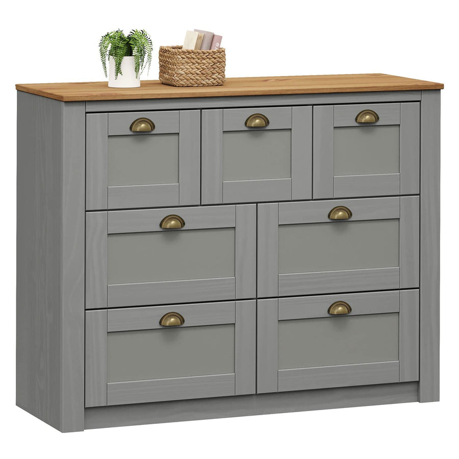 IDIMEX Commode Chambre Bolton L 110 cm en Bois Massif Gris et Brun 7 tiroirs Meuble de Rangement Adulte Buffet Pratique Style Campagne Classique avec Poignets Coquille en métal Coloris Bronze