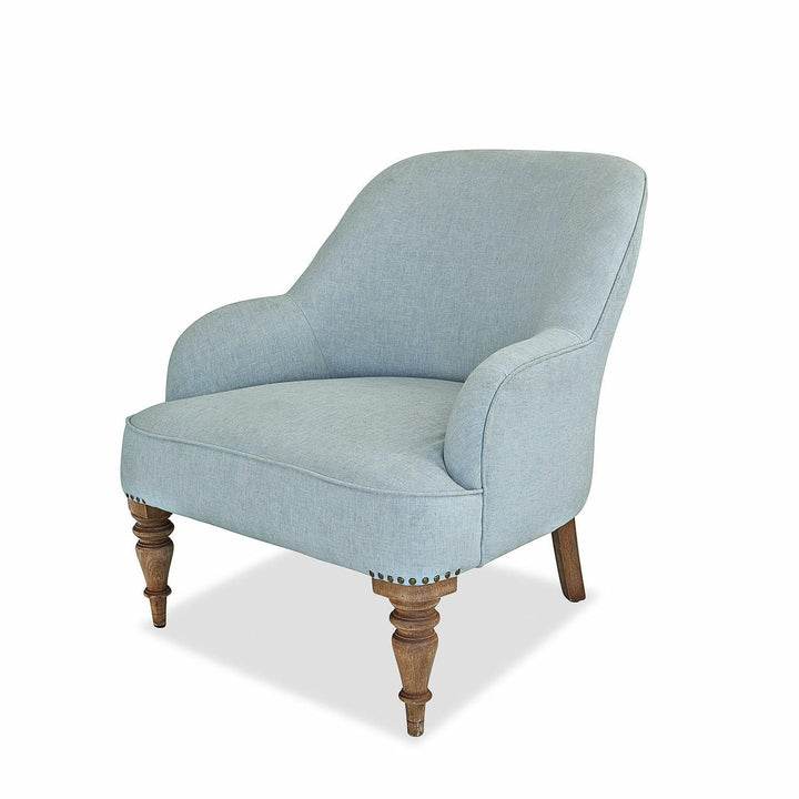 Loberon Fauteuil Ainsley, pieds tournés à la main, rivets sur les pieds, grand confort d'assise, design intemporel, siège, lin, bois de manguier, bleu