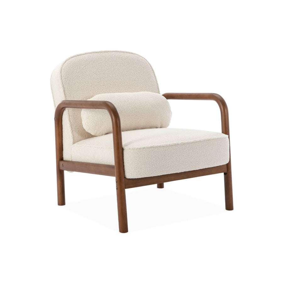 sweeek - Fauteuil scandinave Bois d'hévéa Finition Noyer Clair et Dossier Arrondi en Bouclette Blanche - Amelie