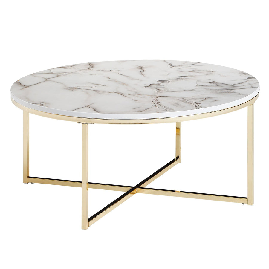 FineBuy Table Basse de Salon Effet Marbré 80x36x80 cm MDF et Metal | Grande Table de Canapé Ronde Blanc Or | Design Table d'appoint Moderne