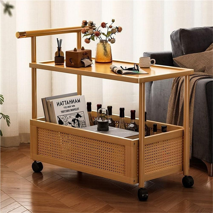 Générique Table d Générique Table d'appoint roulante à roulettes, Table de Chevet en Bambou avec Panier de Rangement, Table d'angle Mobile en rotin Style bohème, Petit Chariot de Rangement pour Salon, Chambre