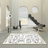 Tapis Style Moderne Tapis Poils Ras Visage Humain de Lineart Abstrait Blanc Noir pour la Chambre, Salle de Jeux 80*120