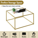 Petite table basse carrée en verre pour salon, table centrale simple et moderne pour petits espaces, table basse dorée pour salon, assemblage facile, 66 x 66 cm (doré et verre transparent)