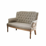 Loberon Canapé Kingsley Piquage Chesterfield Classique Pieds Tournés, Housse Résistante, Assise Bois de Manguier, Polyester, Laiton, Lin