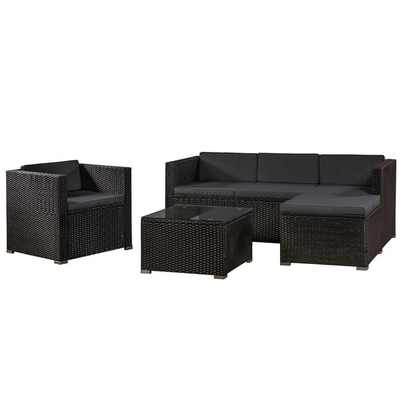 Juskys Salon de Jardin en polyrotin Lounge Punta Cana L, résistant aux intempéries - avec canapé, Fauteuil, Tabouret, Table & Coussins - 4-5 Personnes - Ensemble de Meubles de Jardin Noir/Gris