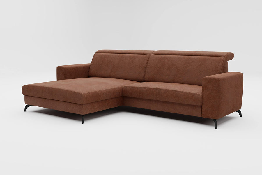 CAVADORE Canapé d CAVADORE Canapé d'angle Bounce Aspect Cuir Vintage/Canapé d'angle avec Chaise Longue + Pieds Métal Noir Mat / 290x88x178 / Microfibre Marron Selle