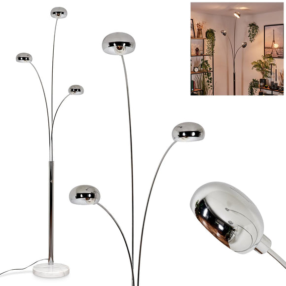 Lampadaire Nikkala, lampe sur pied en métal/verre en couleur chrome/blanc, luminaire au design moderne, abat-jour réglable, interrupteur on/off sur le boîtier, hauteur 240 cm, 3 x E14, sans ampoules